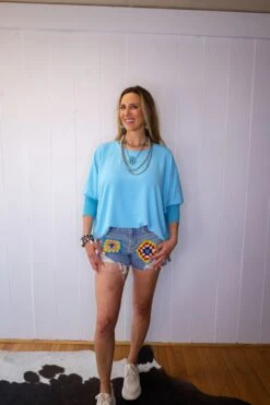 IVY JANE DOLMAN SLEEVE V-NECK RIB TOP- AQUA -Johny Clothing Shop 0D6A0093