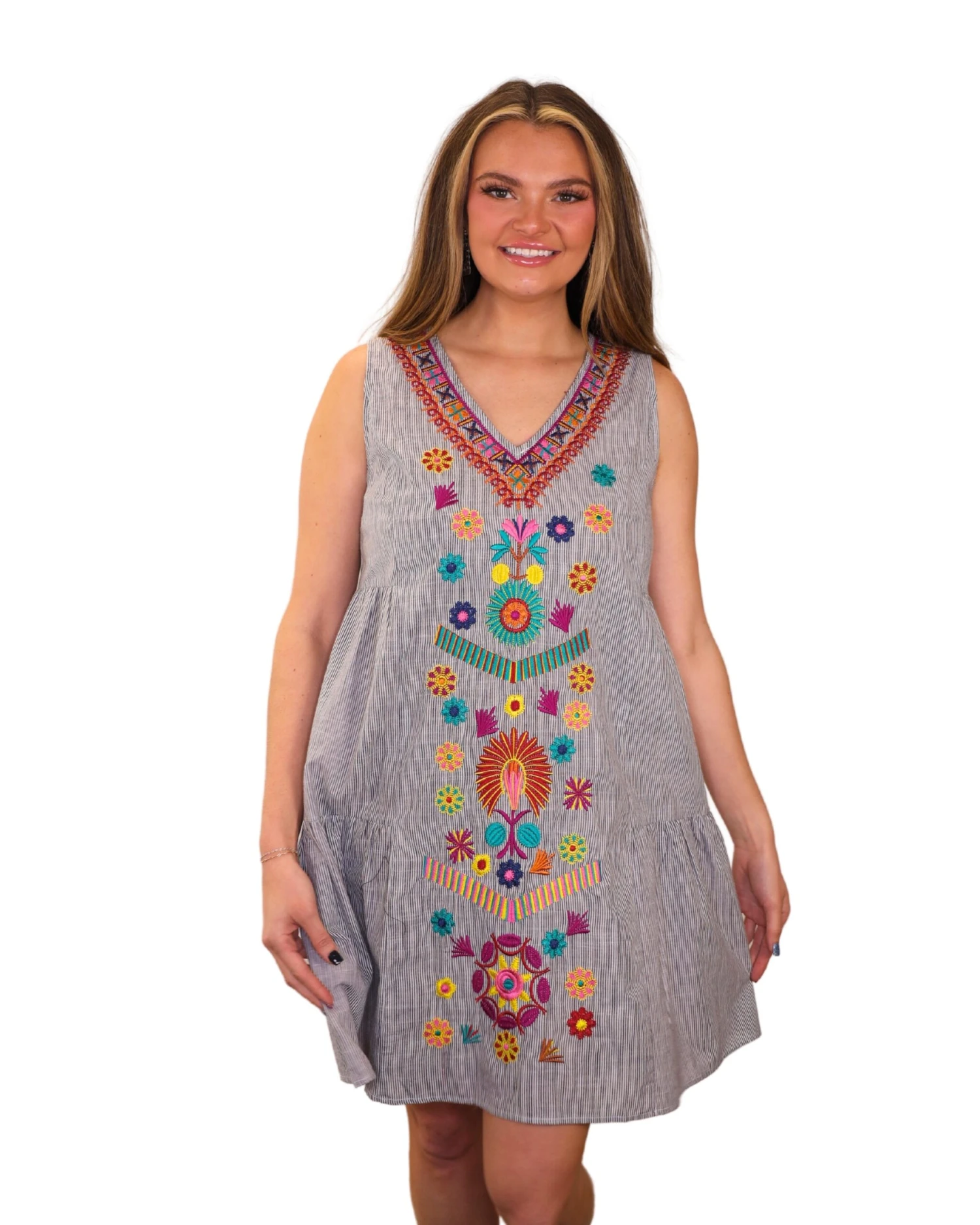 SEE AND BE SEEN SLEEVELESS FLORAL EMBROIDERED TIERED DRESS 1 SEE AND BE SEEN SLEEVELESS FLORAL EMBROIDERED TIERED DRESS