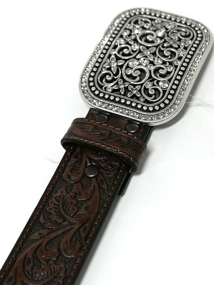 Ariat Women's Embossed Leather Crystal Buckle Western Belt Brown 2 Ariat Women's Embossed Leather Crystal Buckle Western Belt Brown - Image 2