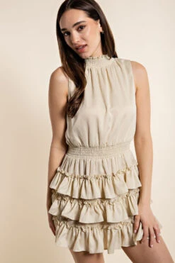 GLAM SLEEVELESS SMOCKING NECK DRESS