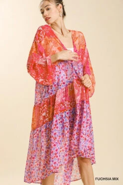 UMGEE TIERED OPEN FRONT KIMONO -Johny Clothing Shop a0264 fuchsia mix 1