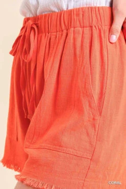 UMGEE LINEN BLEND FRAYED HEM SHORT -Johny Clothing Shop k6472 coral 4